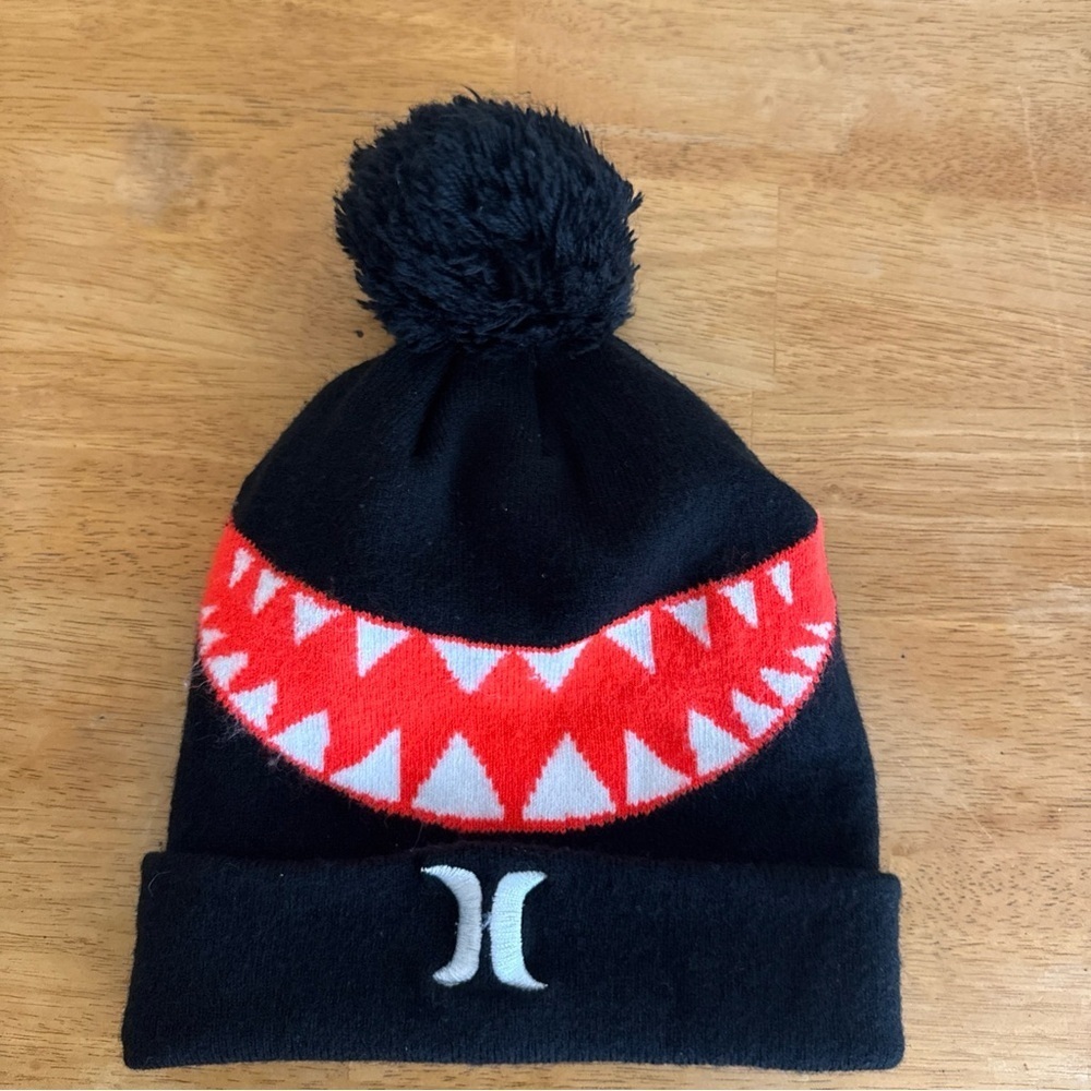 Boys Hurley Shark Beanie Winter Hat Black Orange